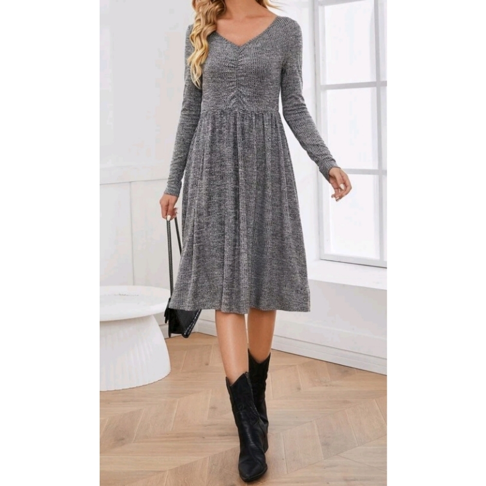 Shein Grey Marled V-Neck Long Sleeve Midi Dress
